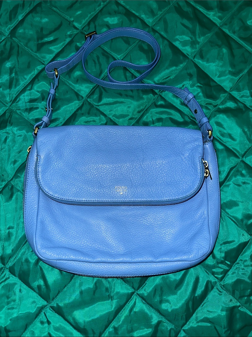 Fossil Cornflower Blue Leather Flap Crossbody Bag
